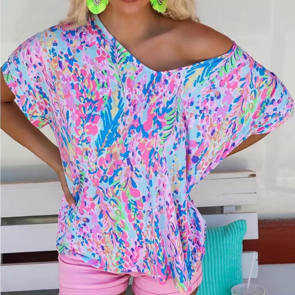 Floral Print V Neck Oversized T-Shirt XL